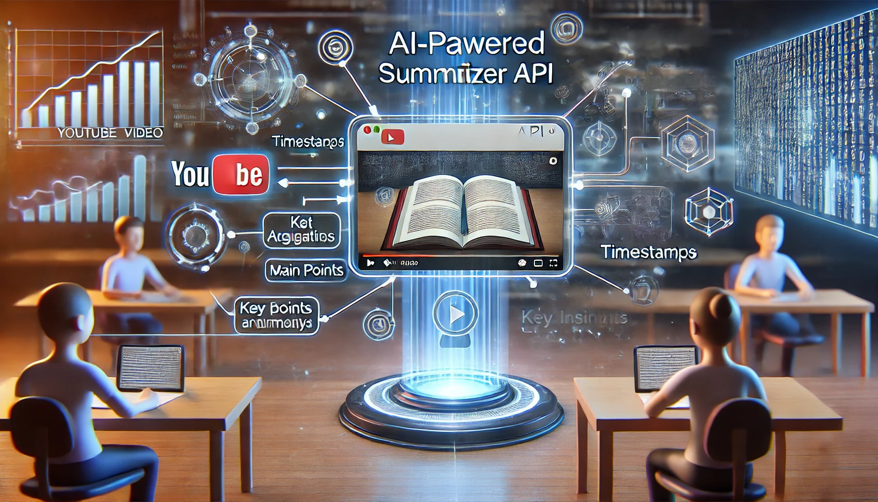DALL·E 2024-11-28 16.02.08 - A futuristic digital scene representing an AI-powered Summarizer API. The image shows a sleek and modern user interface with a dynamic screen displayi